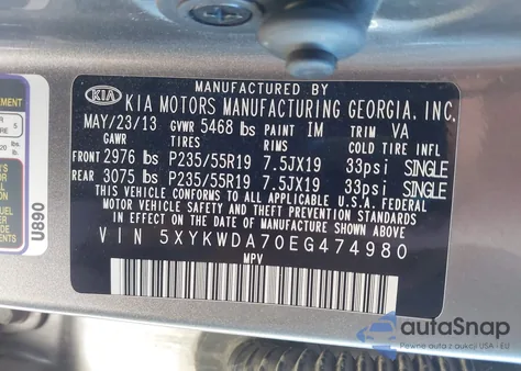 2014 Kia Sorento Limited V6 z USA, uszkodzony, nr VIN 5XYKWDA70EG474980